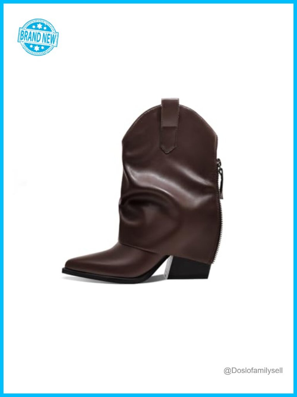 Womens Ankle Booties Fold Over Chunky Mid Heel Pointed Toe Faux Leather